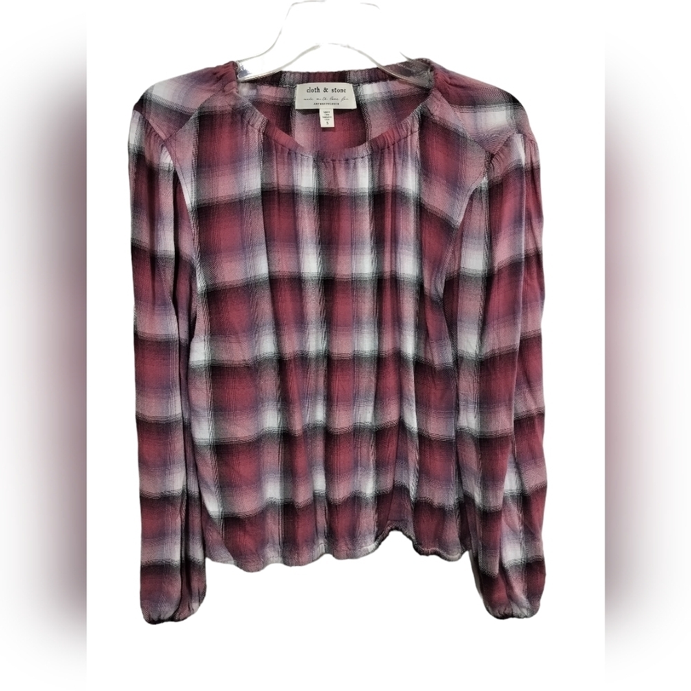 2133) Cloth & Stone Anthropologie Mauve, Red, Plaid Flannel Top Size Small